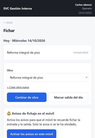 Pantalla de fichar de la app de gestión, con datos de ejemplo