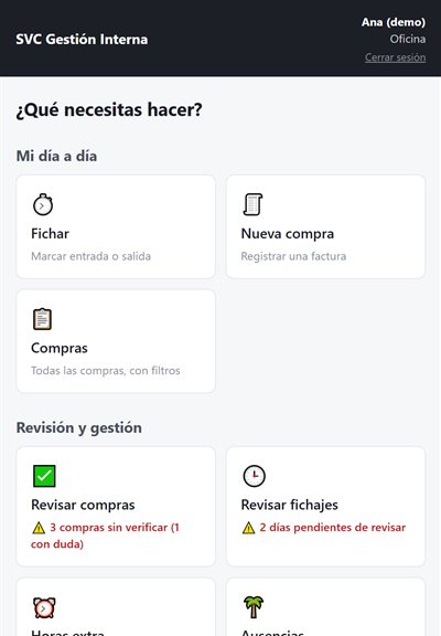 Menú de la oficina en la app de gestión, con datos de ejemplo